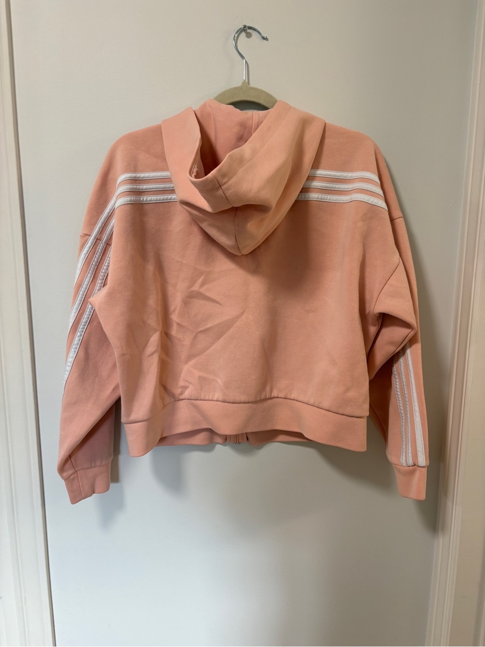 Adidas crop hoodie zip up sweater pink white stripes size M sporty